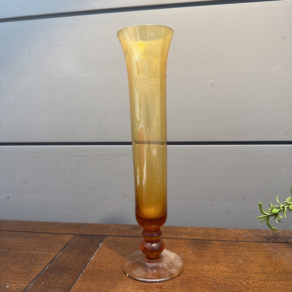 Vintage Delicate Amber Glass Single Bud Vase with Floral Etching Hand Blown (8")